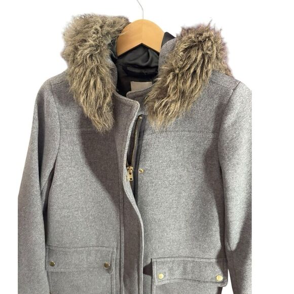 J Crew Vail Parka Womens Jacket Wool Faux Fur Trim Hood Coat Gray Size 4 - Picture 3 of 10